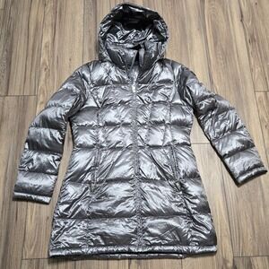 Andrew Marc Women Metallic Silver Quilted Down Puffer Jacket Parka Hooded L